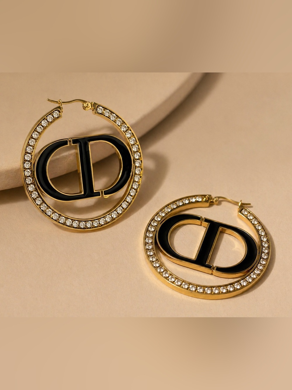 18K Gold Crystal Hoop Earrings with CD Motif - Picture 3 of 7